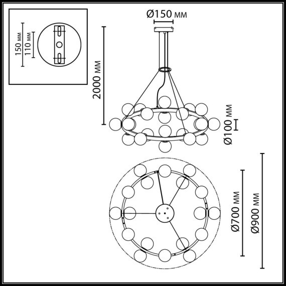 7109/24 Подвесная люстра 90см латунным металлом и стеклянными плафонами, 24 лампы G9 макс 5Вт ODEON LIGHT MAGIA