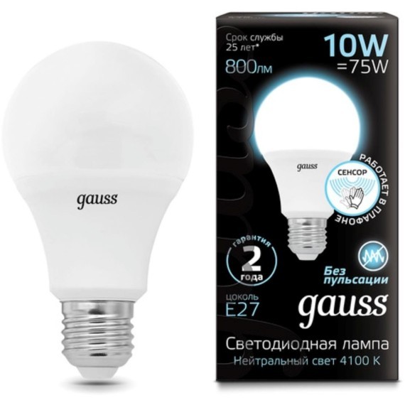 102502210-M Лампа Gauss A60 10W 800lm 4100К E27 Сенсор LED 1/10/100