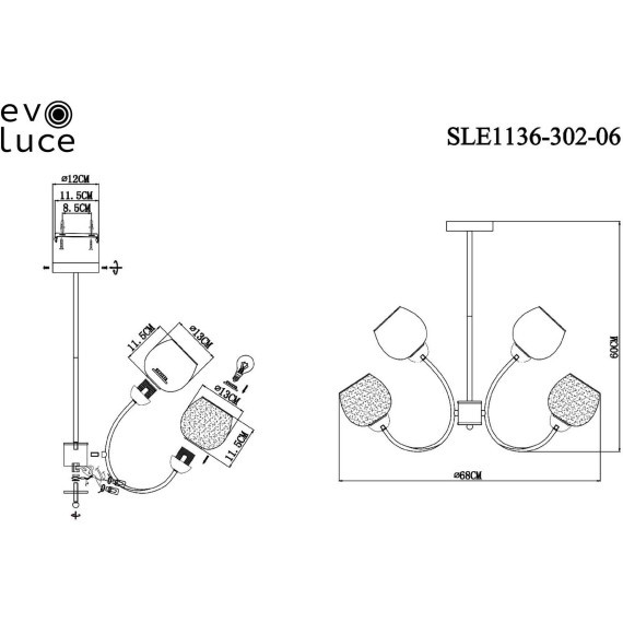 SLE1136-302-06 Светильник потолочный Латунь/Белый, Коньячный E27 6*60W TRATTI