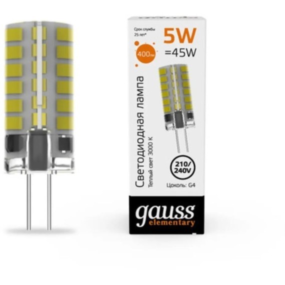 18015 Лампа Gauss Elementary G4 AC210-240V 5W 400lm 3000K силикон LED 1/20/200