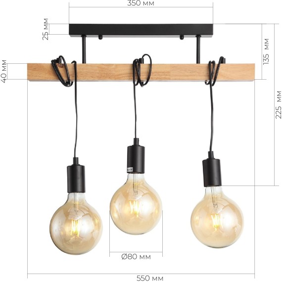 SL1142.403.03 Светильник подвесной Черный, Светлое дерево E27 3*60W BAGETTI