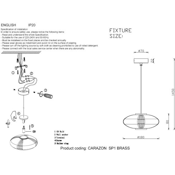 Светильник подвесной Crystal Lux CARAZON  SP1 BRASS