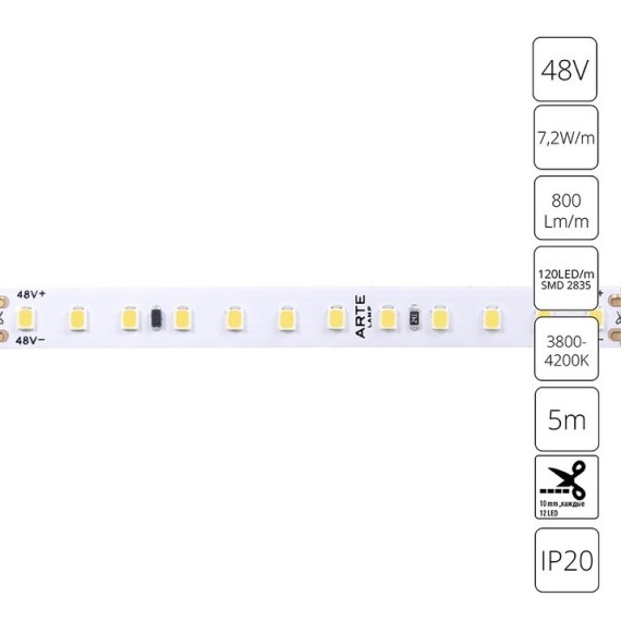 A4812010-02-4K Светодиодная лента 48В 7.2Вт/м 800Лм/м 4000К CRI 90+ 10мм SMD2835 120шт/м 5м IP20