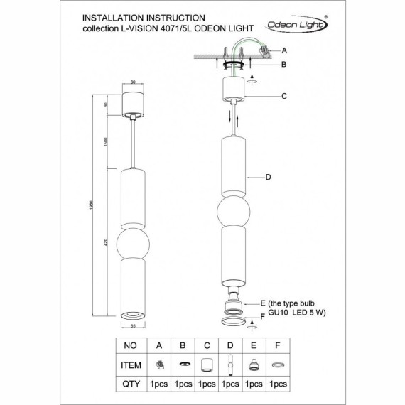 Подвесной светильник цилиндр Odeon Light 4071/5L SAKRA под лампу 1xGU10 1*5W