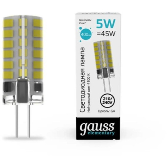 18025 Лампа Gauss Elementary G4 AC210-240V 5W 400lm 4100K силикон LED 1/20/200