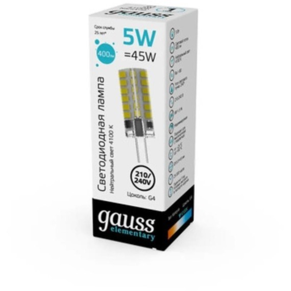 18025 Лампа Gauss Elementary G4 AC210-240V 5W 400lm 4100K силикон LED 1/20/200