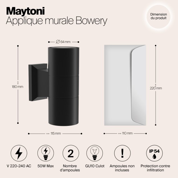 Уличный настенный светильник Maytoni O574WL-02B Bowery IP54 под лампы 2xGU10 50W
