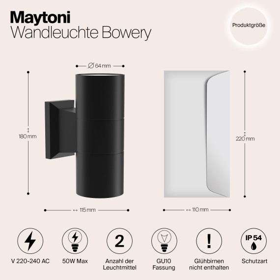Уличный настенный светильник Maytoni O574WL-02B Bowery IP54 под лампы 2xGU10 50W