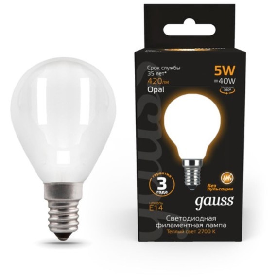 105201105 Лампа Gauss LED Filament Шар OPAL E14 5W 420lm 2700K 1/10/50