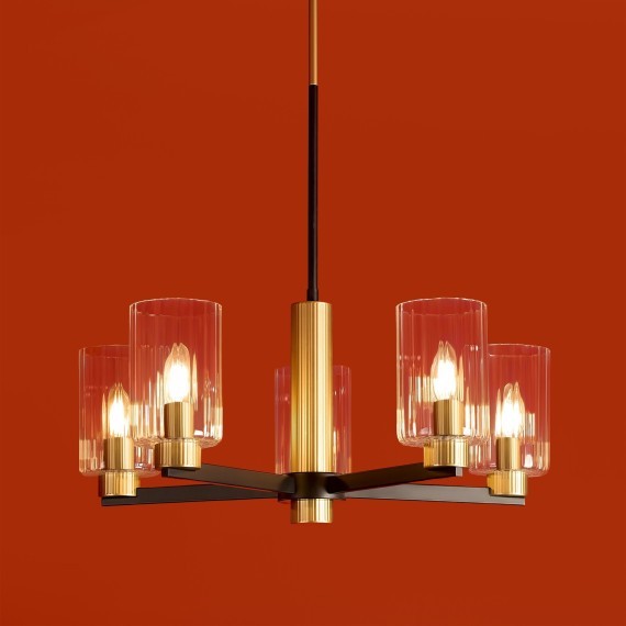 Люстра потолочная, прозрачные стеклянные плафоны, черно-латунное основание E14 5шт Freya Ombre FR2051CL-05BBS