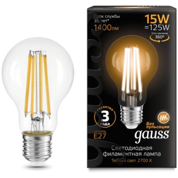 102902115 Лампа Gauss Filament А60 15W 1400lm 2700К Е27 LED 1/10/40