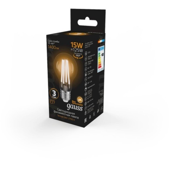 102902115 Лампа Gauss Filament А60 15W 1400lm 2700К Е27 LED 1/10/40