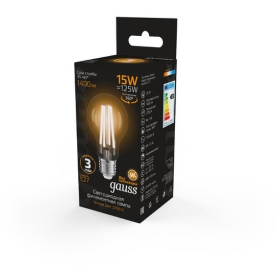 102902115 Лампа Gauss Filament А60 15W 1400lm 2700К Е27 LED 1/10/40