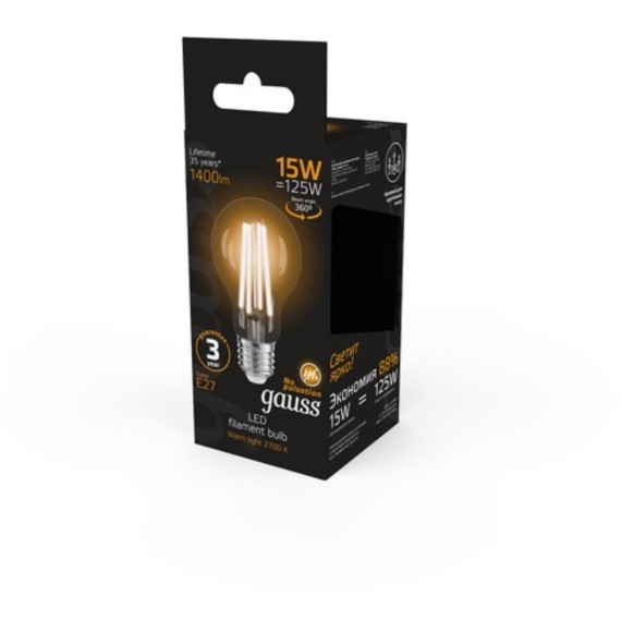 102902115 Лампа Gauss Filament А60 15W 1400lm 2700К Е27 LED 1/10/40