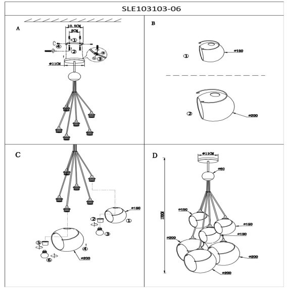 SLE103103-06 Светильник подвесной Золотистый/Прозрачный E27 6*60W SATTURO
