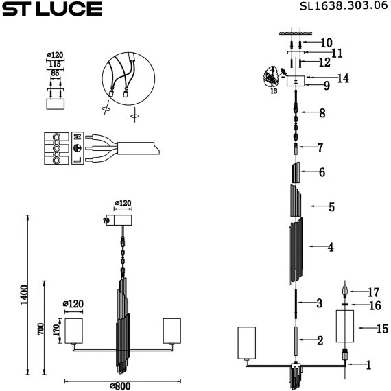 SL1638.303.06 Светильник подвесной ST-Luce Латунь/Серый E14 6*42W GLORIA
