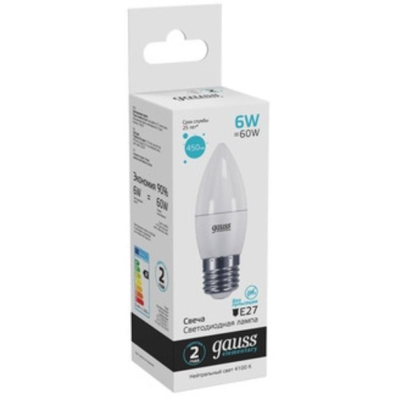 33226 Лампа Gauss LED Elementary Свеча 6W E27 450lm 4100K 1/10/50