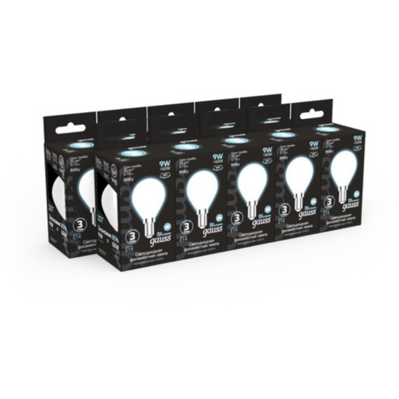 105201209 Лампа Gauss Filament Шар 9W 610lm 4100К Е14 milky LED 1/10/50