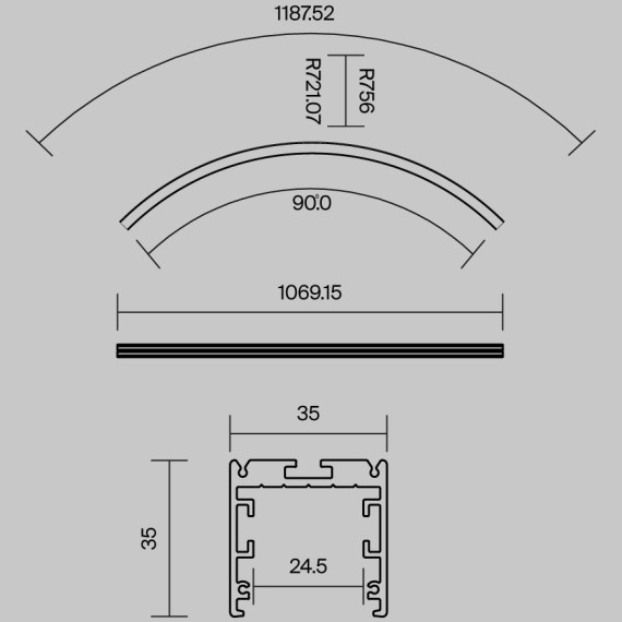 Радиусный профиль 35x35 Ø1500мм внутренний 1/4 круга черный ALM-3535R-B-IN-90°-1.5M