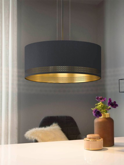 99274 ESTEPERRA Подвесная люстра с тремя лампами E27, тканевый золотой абажур, черный металл, 220В