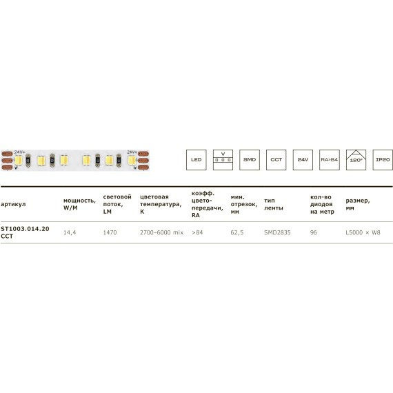 ST1003.014.20CCT Светодиодная лента 24В 2700K-6000K 1 470Lm CRI90 8мм SMD2835 IP20 1м