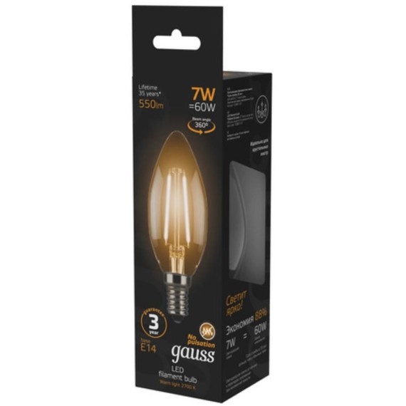 103801107 Лампа Gauss LED Filament Свеча E14 7W 550lm 2700К 1/10/50