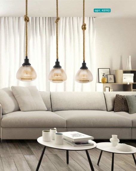 43192 Подвес RAMPSIDE, 3х28W(E27), L895, B195, H1230, сталь, черный, канатные веревки/стекло с напыл