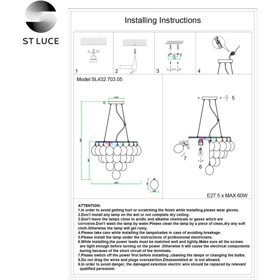 SL432.703.05 Люстра подвесная ST-Luce Хром/Перламутровый E27 5*60W SOSPIRO