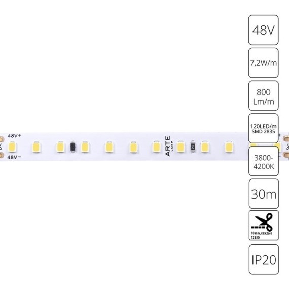 A4812010-04-4K Светодиодная лента 48В 7.2Вт/м 800Лм/м 4000К CRI 90+ 10мм SMD2835 120шт/м 30м IP20