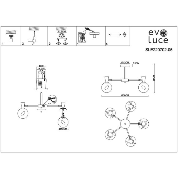 SLE220702-05 Светильник потолочный Белый, Светлое дерево/Белый E14 5*40W CATANIA