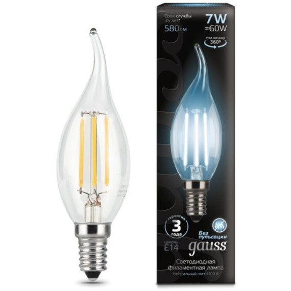 104801207 Лампа Gauss LED Filament Свеча на ветру E14 7W 580lm 4100К 1/10/50