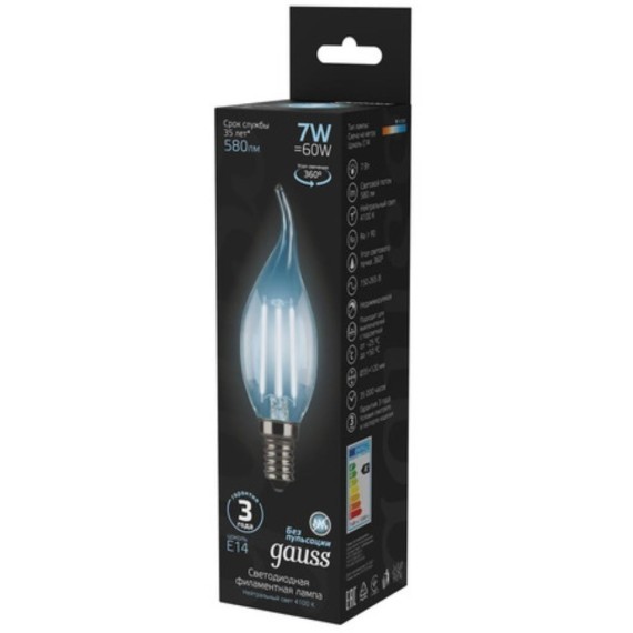 104801207 Лампа Gauss LED Filament Свеча на ветру E14 7W 580lm 4100К 1/10/50