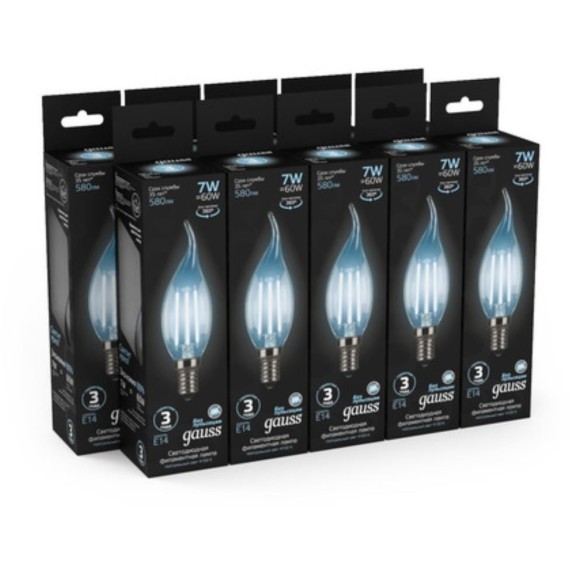 104801207 Лампа Gauss LED Filament Свеча на ветру E14 7W 580lm 4100К 1/10/50