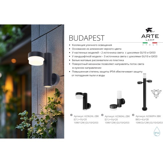 Уличный настенный светильник под лампы GU10+GX53 с защитой IP54 Arte Lamp BUDAPEST A2362AL-2BK