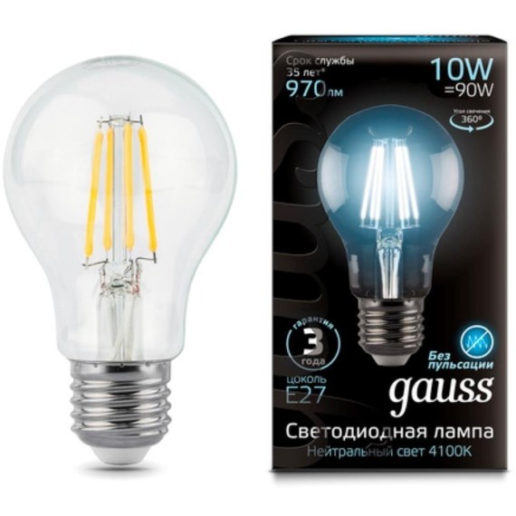 102802210 Лампа Gauss LED Filament A60 E27 10W 970lm 4100К 1/10/40