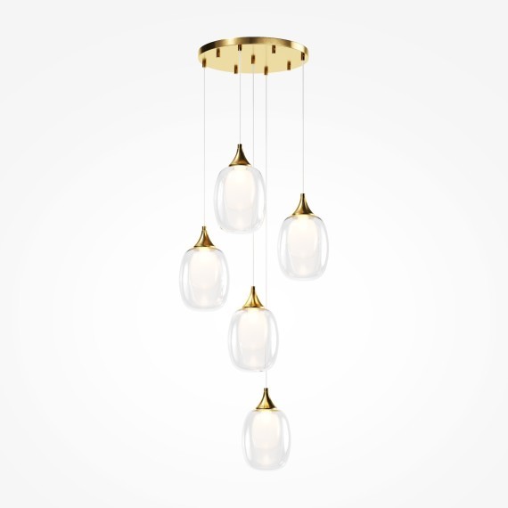 Подвесная золотая люстра с 6 лампами цоколя Е14 и двойными стеклянными плафонами Maytoni Aura MOD016PL-05BS