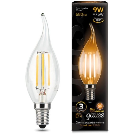 104801109 Лампа Gauss LED Filament Свеча на ветру E14 9W 680lm 2700K 1/10/50