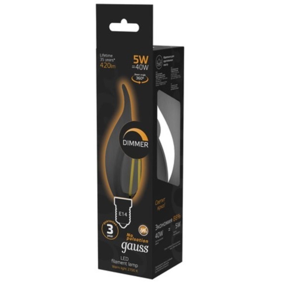 104801105-D Лампа Gauss Filament Свеча на ветру 5W 420lm 2700К Е14 диммируемая LED 1/10/50