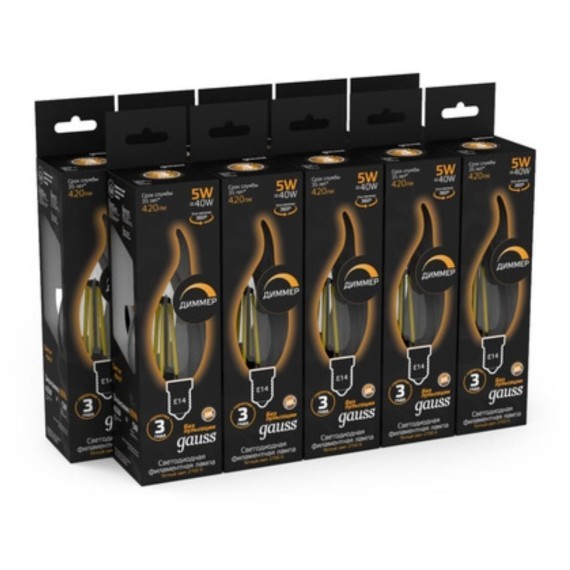 104801105-D Лампа Gauss Filament Свеча на ветру 5W 420lm 2700К Е14 диммируемая LED 1/10/50