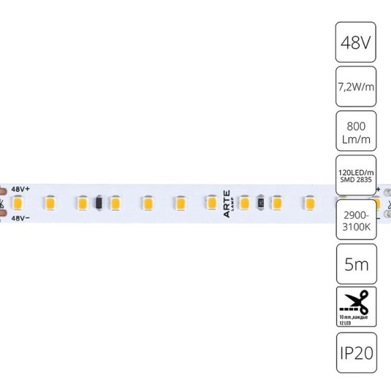 A4812010-01-3K Светодиодная лента 48В 7.2Вт/м 800Лм/м 3000К CRI 90+ 10мм SMD2835 120шт/м 5м IP20