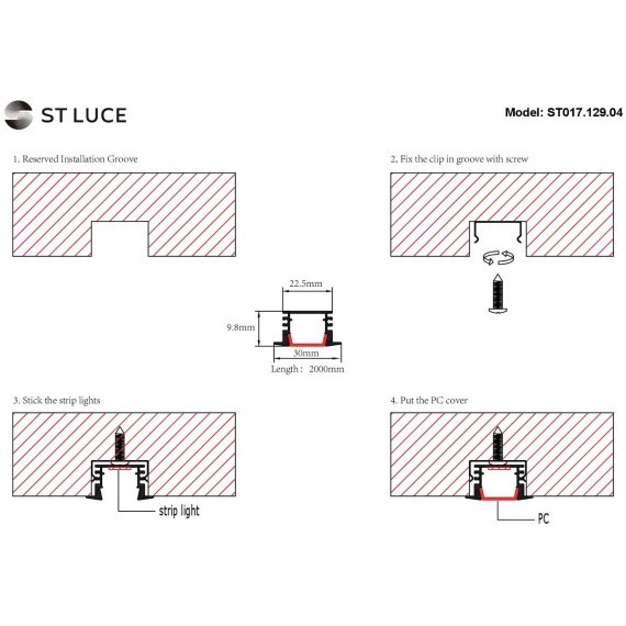 ST017.129.04 Встраиваемый алюминиевый анодированный профиль с рассеивателем (к-т: 2 загл.+ 4 креп. скобы) 