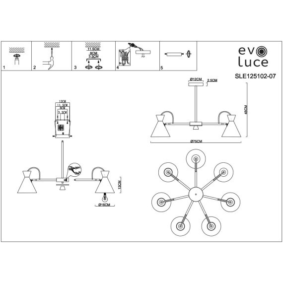 SLE125102-07 Светильник потолочный Белый, Золотистый/Белый, Светлое дерево E14 7*40W MODICA