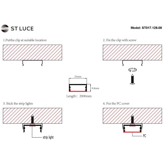 ST017.129.08 Накладной алюминиевый анодированный профиль с рассеивателем (к-т: 2 загл. + 4 креп. скобы) 