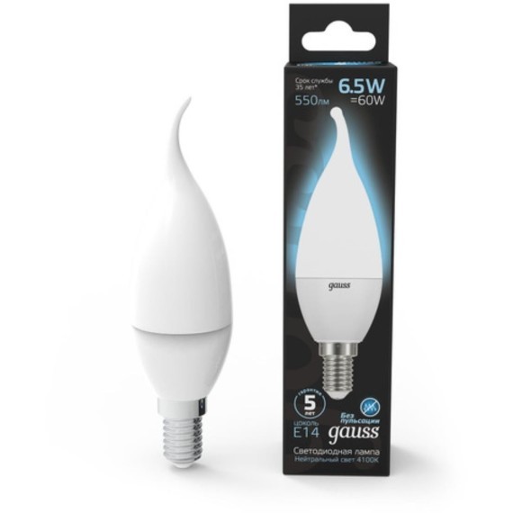 104101207 Лампа Gauss LED Свеча на ветру E14 6.5W 550lm 4100K 1/10/50