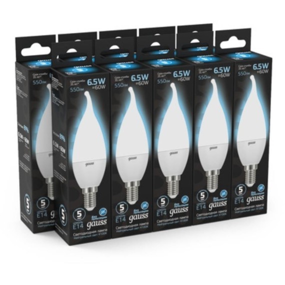 104101207 Лампа Gauss LED Свеча на ветру E14 6.5W 550lm 4100K 1/10/50