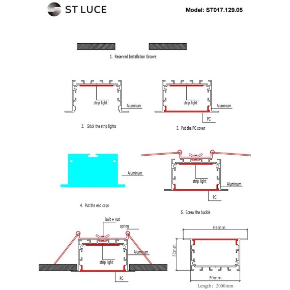 ST017.129.05 Встраиваемый алюминиевый анодированный профиль с рассеивателем (к-т: 2 загл) отдельно монтажная скоба ST017.029.05  