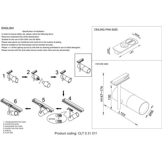 Однофазный двужильный трековый светильник Crystallux CLT 0.31 011 BL под сменную лампу GU10
