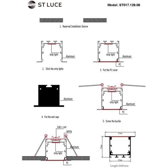 ST017.129.06 Встраиваемый алюминиевый анодированный профиль с рассеивателем (к-т: 2 загл.) отдельно монтажная скоба ST017.029.06