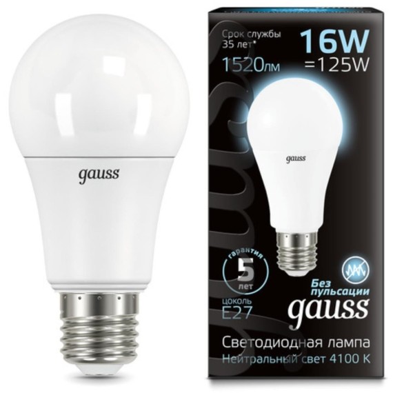 102502216 Лампа Gauss LED A60 16W E27 1470lm 4100K 1/10/50
