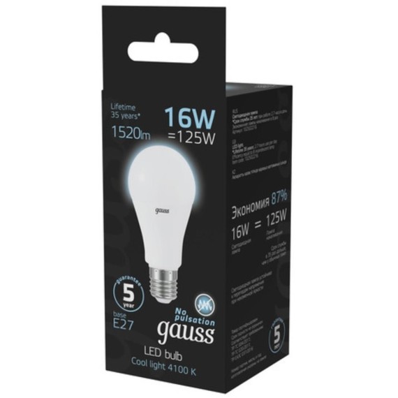 102502216 Лампа Gauss LED A60 16W E27 1470lm 4100K 1/10/50